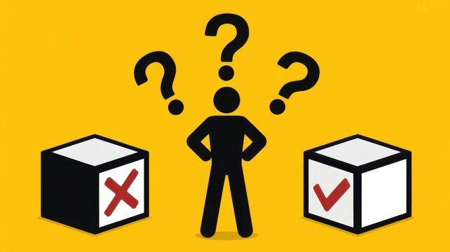 Person silhouette facing a choice between two boxes with X and checkmark symbols, surrounded by question marks on a yellow background, representing decision-making and uncertainty.
