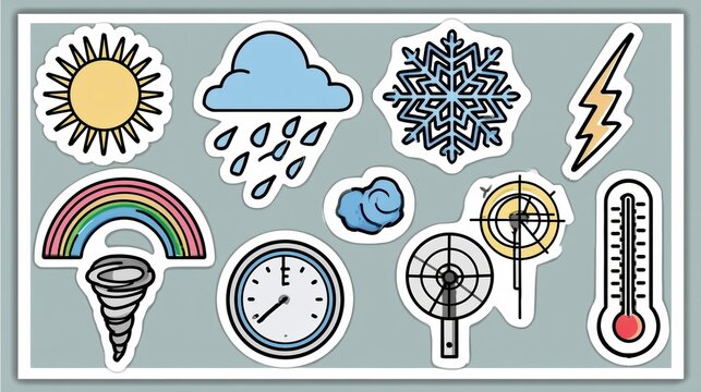 Sticker sheet features various weather and atmosphere symbols including sun, rain cloud, snowflake, lightning bolt, and more for educational use.