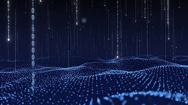Digital binary code streams falling over a glowing blue abstract data landscape