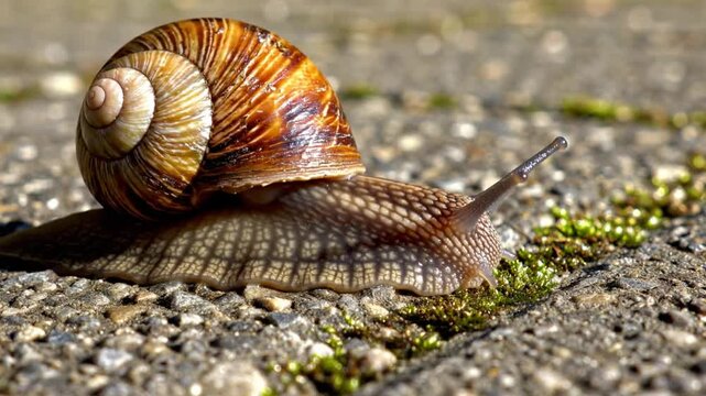Close up view of a brown snail creeping slowly on the ground with its shell and antenna visible