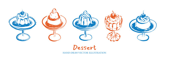 Hand-drawn whimsical sweet desserts with pudding and jelly on stands set, Doodles drawings art food elements for design menu cafe, label, packaging, branding, advertising, posters, banners © Tanatphong