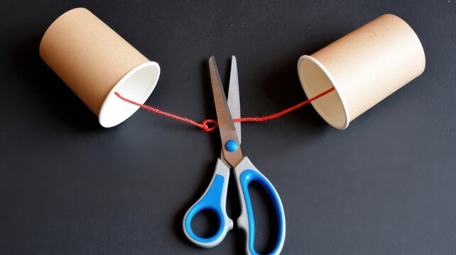 Two paper cups connected by a red string with scissors cutting the string