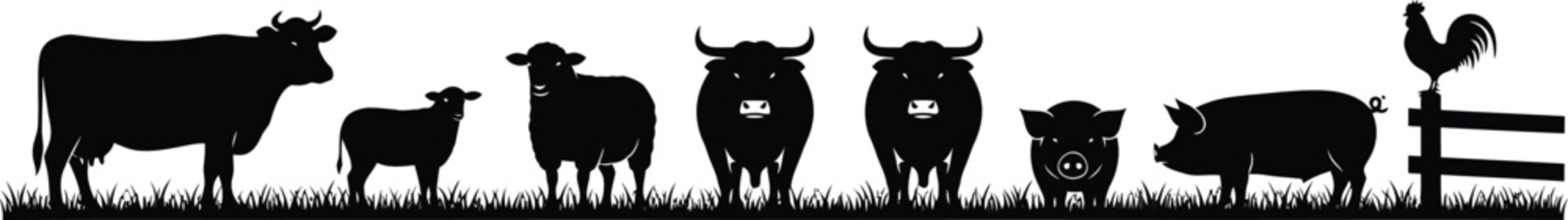 Collection of farm animal silhouettes including cows, sheep, bulls, pigs, and a rooster.