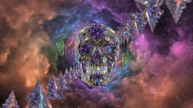 Luxurious Gemstone Skull Floating in a Vibrant Spacey Nebula with Sparkling Crystal Structures