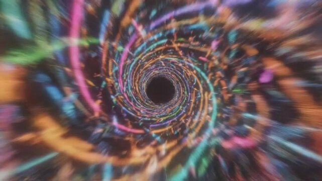 Mesmerizing psychedelic colorful tunnel with vibrant spiraling motion and deep black hole in the center
