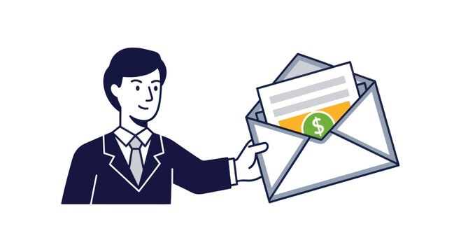 Businessman holding an envelope with money and document, email marketing concept