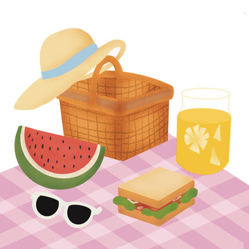 Summer Picnic Flatlay with Sandwich, Fresh Food and Outdoor Dining Essentials on Grass