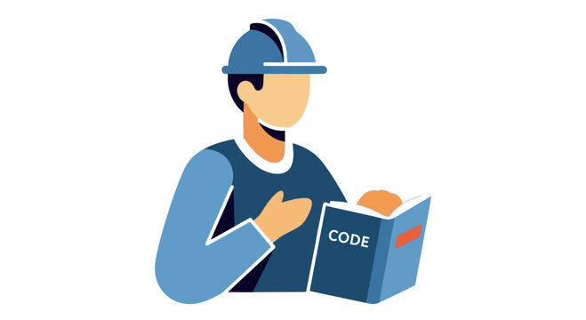 Construction worker in hard hat reading code book, safety manual, blueprint, planning