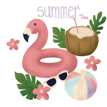Tropical Summer Fun with Flamingo Pool Float, Straw Hat, and Coconut on Sandy, Summer holiday, Time to travel concept