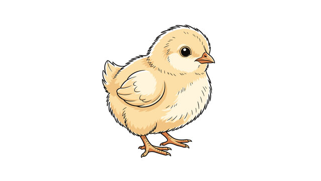 Adorable and fluffy little yellow baby chick standing on a white background illustrated with soft colors and fine details in a cute style.