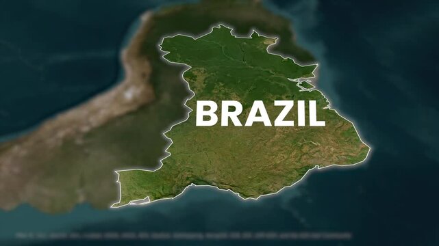 Brazil map zoom, country border animation, satellite terrain background, focused highlight effect, South American country outline, blurred surroundings view, infographic cartography motion