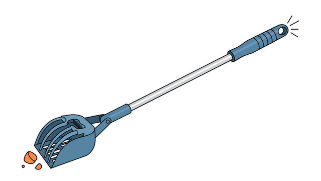 Long handled pet waste scooper for cleaning up after dogs and maintaining yard hygiene isolated on white background.