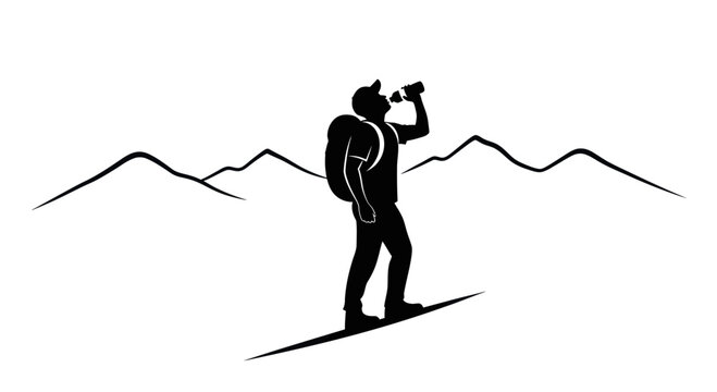 Silhouette of hiker drinking water from bottle in mountains.