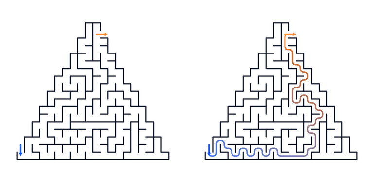 Triangle maze activity for kids with paths and solutions  