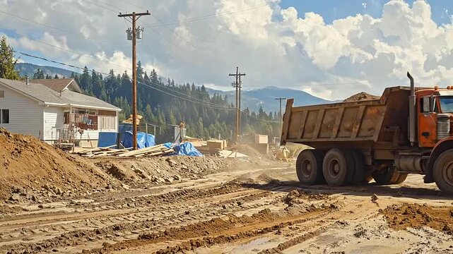 A heavy dump truck drives through a muddy construction site during the day