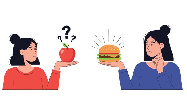 Concept illustration of two women facing a difficult choice between a healthy red apple and a fast food burger with question marks above.