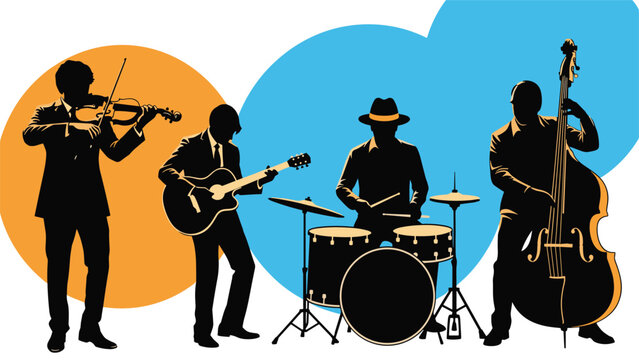 Silhouettes of musicians performing in a band including a violinist, guitarist, drummer, and double bass player.
