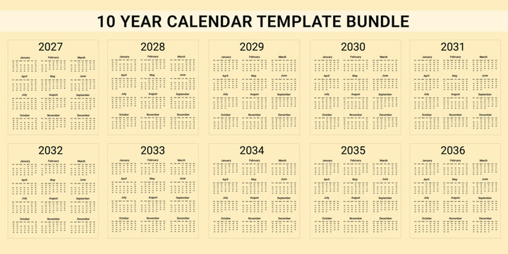 Fully Editable Mega Calendar Bundle Pack for 2027-2036. New year simple editable calendar vector design perfect for planners, printing, and digital use.
