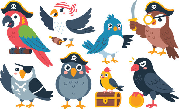 Cute Cartoon Pirate Bird Vector Character Set with Playful Parrot Seagull Owl and Crow Costumes Holding Swords Hat Eye Patch and Treasure Chest Elements