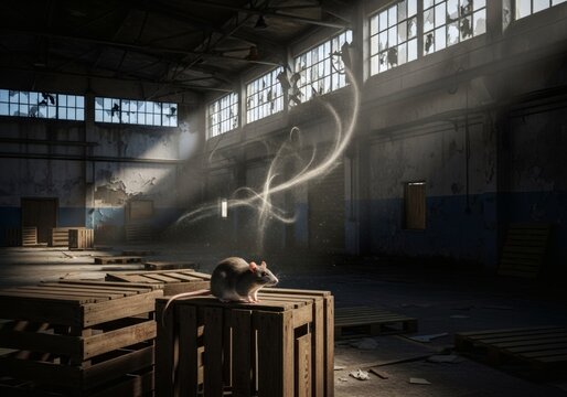 Rat running in dark abandoned warehouse carrying airborne Hantavirus disease
