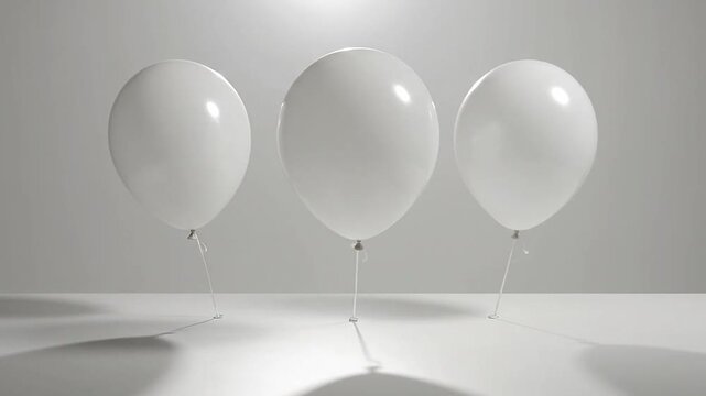Three white balloons floating against a clean and minimalist studio background