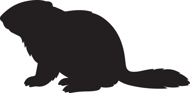 Black silhouette of a beaver sitting profile isolated on white background