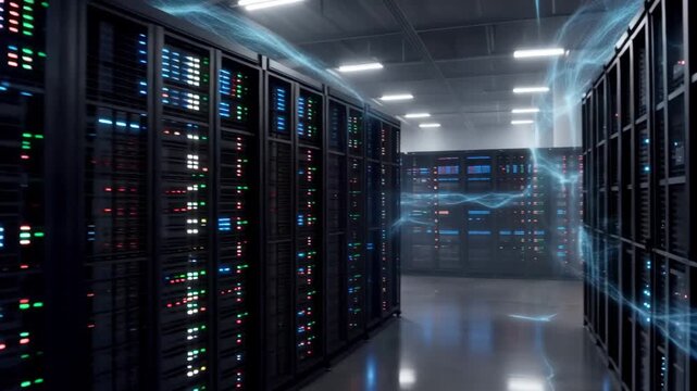Modern data center server room with generic server racks and abstract AI data flow 4k