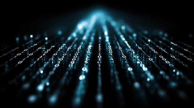 Flowing binary code stream, digital cybersecurity background 