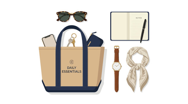 A collection of daily essentials laid out on a surface includes a bag, sunglasses, notebook, watch, and scarf.