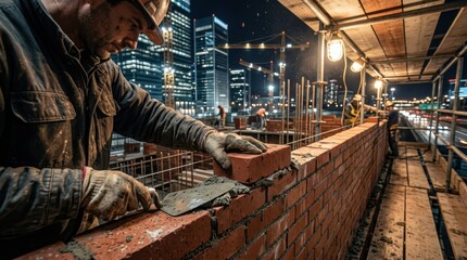 Naklejka premium Bricklayer Constructing a Wall at Night Near Illuminated City Buildings, Industry