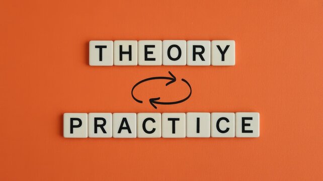 Theory and Practice Concept with Letter Tiles on Orange Background