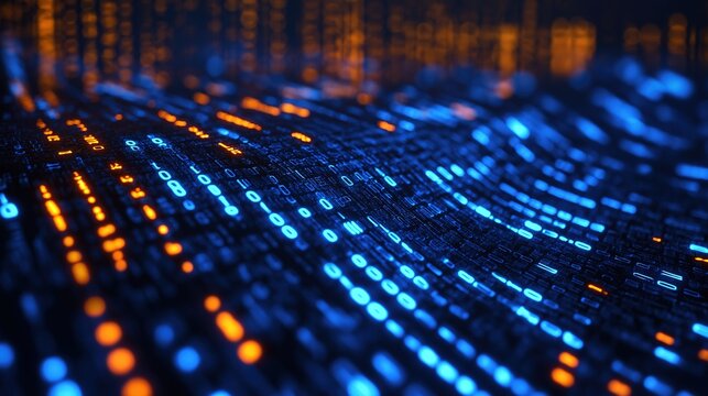 Flowing binary code stream, digital cybersecurity background 