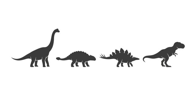 Group of four dinosaur silhouettes in a simple line illustration: sauropod, small quadruped, stegosaurus, and tyrannosaurus rex.