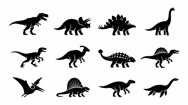 Collection of diverse dinosaur silhouettes: theropods, stegosaurs, ceratopsians, sauropods and more in black vector shapes