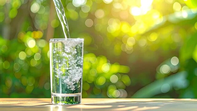 Clear water is being poured into a glass on a wooden table outdoors