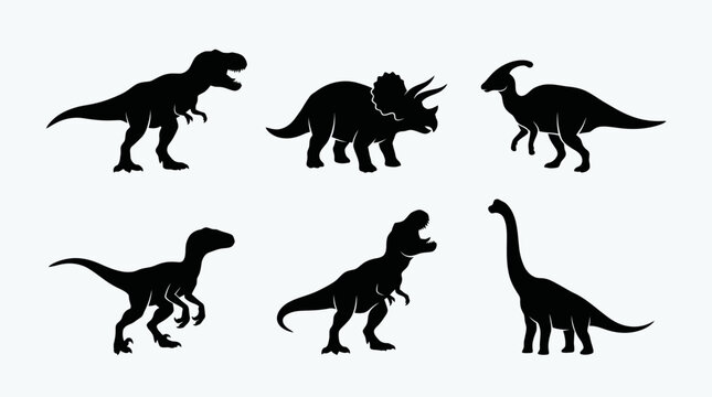 Six black dinosaur silhouettes in a vector art set, featuring T-Rex, Triceratops, sauropods and other prehistoric theropods.