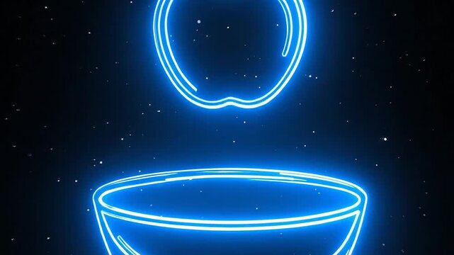 A glowing blue neon outline of a piece of fruit hovering above a simple bowl