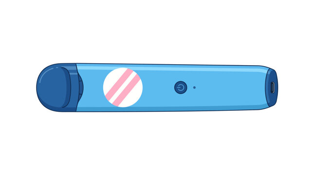 Blue plastic home pregnancy test device showing pink circular result window