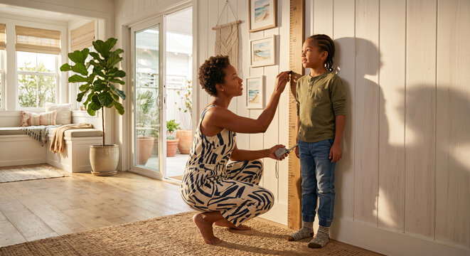 A Black mother kneels to measure the height of her young son against a wooden height chart in a sunlit, warmly decorated suburban home.