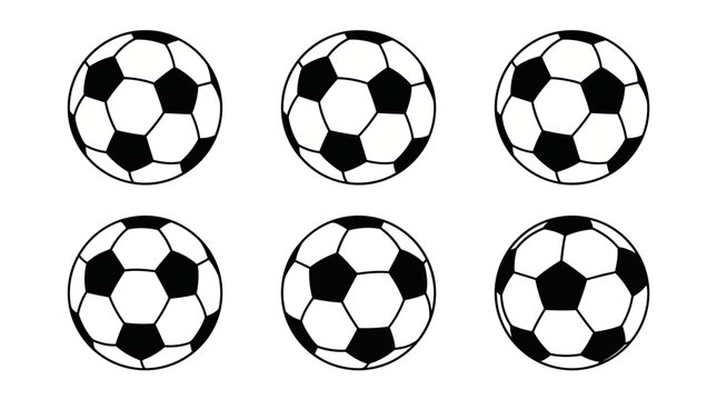 Six black-and-white soccer balls are arranged in two rows with a classic pentagon pattern for sports imagery and decor