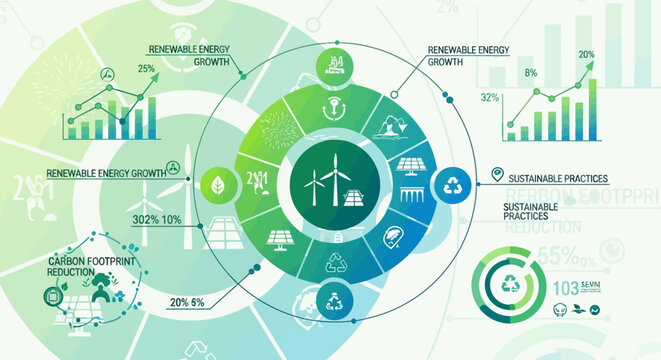 Eco friendly business infographic, sustainable development icons, environmental statistics, green energy charts, corporate social responsibility