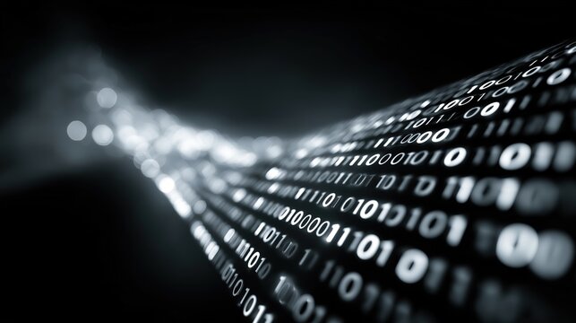 Flowing binary code stream, digital cybersecurity background 