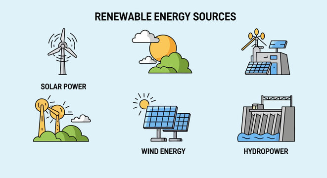 Renewable energy sources icons, solar power, wind energy, hydropower vector set