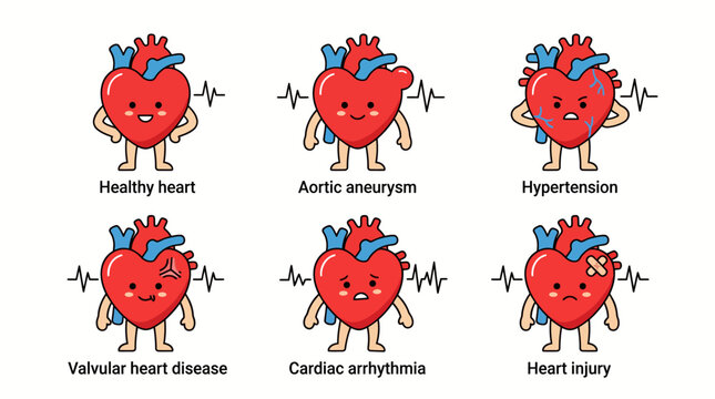 Infographic depicting common heart conditions and a healthy heart, including aortic aneurysm, hypertension, valvular heart disease, cardiac arrhythmia, and heart injury.