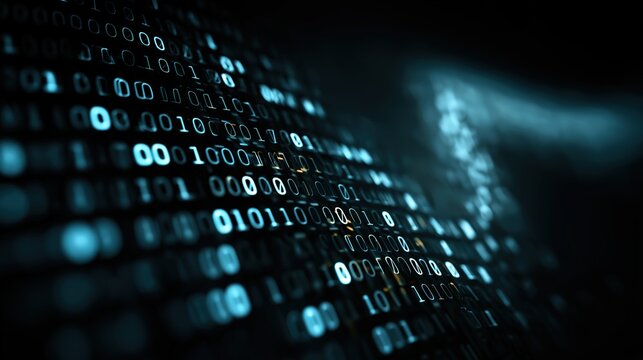 Flowing binary code stream, digital cybersecurity background 