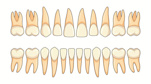 Illustration of human upper and lower teeth showing incisors, canines, premolars and molars in a dental chart style for dentistry, orthodontics, and dental education.