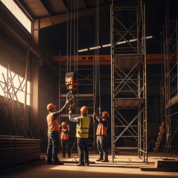 Construction Crew Aligning Scaffolding Components Inside Industrial Warehouse for Upcoming Project