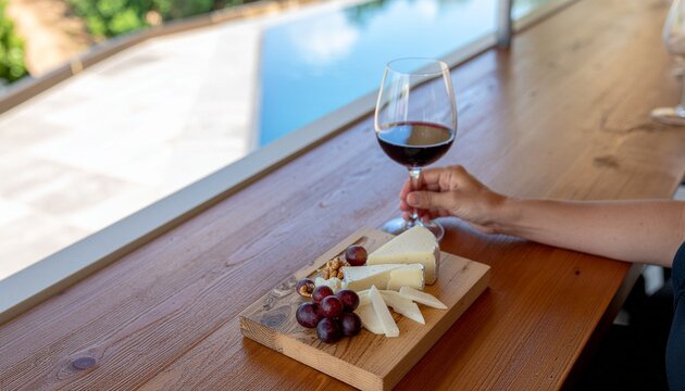 Person holding wine glass by wooden table with cheese board and grapes overlooking pool area
