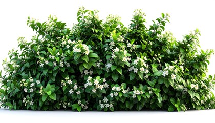 Obraz premium Lush shrubbery with vibrant green leaves and delicate white blossoms, densely packed against a white backdrop. Natural, organic, and full of life