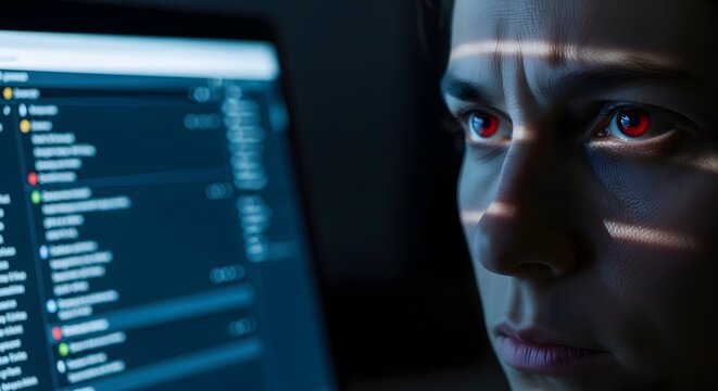 Tired Hacker Working with Computer Code at Night